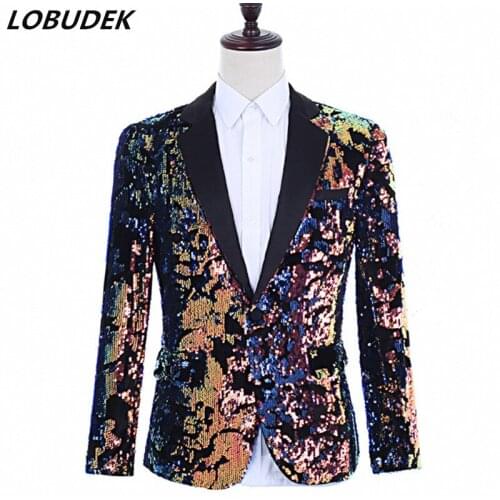 New Colorful Reflective Sequins Suit Jacket Fashion Slim Blazers Mens Stage Performance Clothing DJ Singer Host Costume Coat
