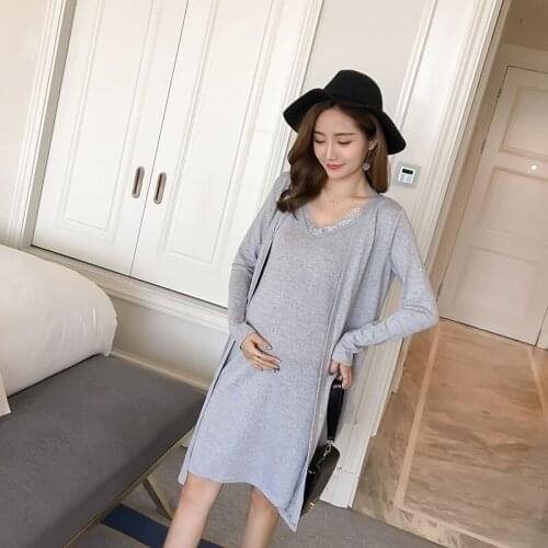 Maternity Clothes Long Sleeve Pregnant Dress Maternity Dresses Plus Size Casual Dress Cashmere Jacket+Skirt Two-piece Sets