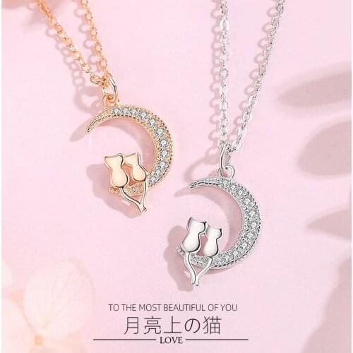 Cute Animal Cat Moon Pendant Necklace Charm Cat lovers Chain Necklaces Kitten Lucky Jewelry For Women Gift