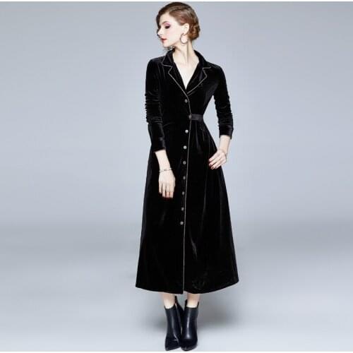 Parti Fashion Women Dress Dress Sashes Turn-down Collar Single Breasted New Tailored Collar Retro Black Velvet Long Dresses 2021