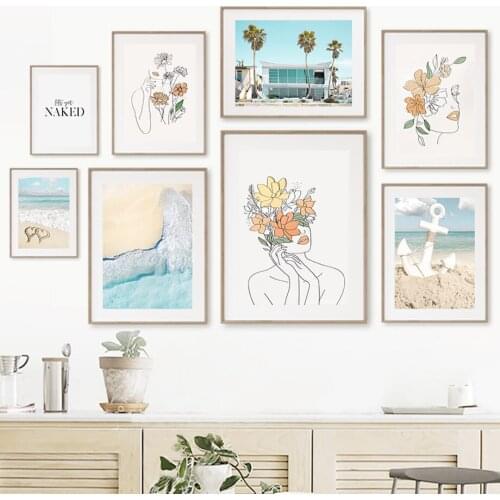 Beach Waves Landscape Abstract Woman Line Wall Art Canvas Painting Nordic Posters And Prints Wall Pictures For Living Room Decor