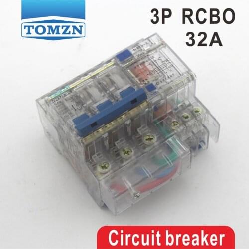 Transparent DZ47LE 3P 32A 400V~ 50HZ/60HZ Residual current Circuit breaker with over current and Leakage protection RCBO