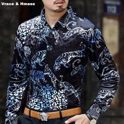Chinese style animal pattern printing high-end long sleeve shirt Autumn 2017 New gold velvet soft silky quality men shirt M-XXXL