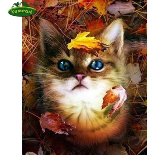 YUMEART Diy Diamond Painting Cross Stitch Kitten and Maple Leaves Mosaic Pasted Kits Cute Cat Diamond Embroidery Small Animal