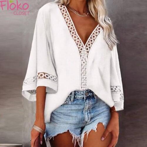 Flokocloset Summer V-neck Hollow Out Lace Shirt Casual Solid Flare Sleeve Loose Blouse Women Elegant