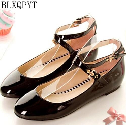 BLXQPYT Direct Selling Real Brand 30-47 Mary Janes T Strap Patent Round Toe Women Shoes Heels Platform Spring Autumn 98-2