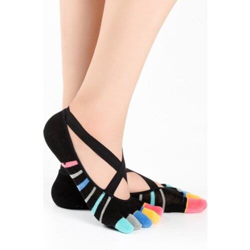 Women Pilates Toes Socks Non-slip Fitness Dance Silicone Socks Bandage Ballet Contrast Color Profession Five Fingers Boat Socks