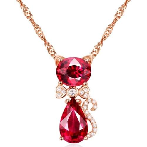 CAT RUBY RED CRYSTAL 14K ROSE GOLD COLOR PENDANT NECKLACE FOR WOMEN HER GEMSTONE ZIRCON DIAMONDS CHOKER CHAIN CUTE JEWELRY GIFTS