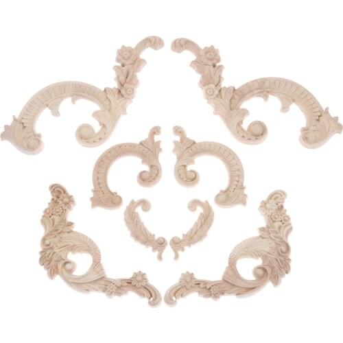 1pc Unpainted Woodcarving Decal Corner Applique Frame Home Furniture Wall Door Decor Left/Right 4.5-20cm Leaf/Wave/Flower Shape