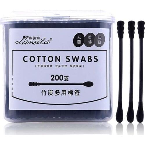 200pcs Bamboo Charcoal Shaft Spiral Round Head Cotton Stick Portable Double Multi-Purpose Nursing Cotton Swab Make-up Tool