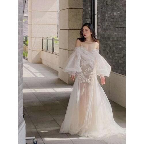 2021 Champagne Vestido de Noiva Sexy Wedding Dresses Sheath Lace Puff Sleeve Wedding Bridal Gowns