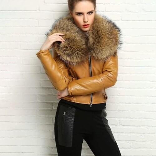 2021 Winter Womens Leather Jacket Leopard Color Real Sheepskin Leather Coats With Big Raccoon Fur Collar Female Short Clothing