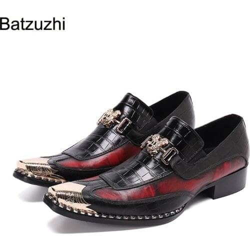 Batzuzhi Mens Shoes New Handmade Pointed Metal Toe Leather Dress Shoes Men Slip on Formal Business Leather Shoes for Men Party