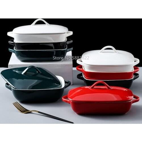 Microwave Oven Safe Ceramic Baking Plate with Cover Porcelain Family Cheese Casserole Cooking Bowl with Lid