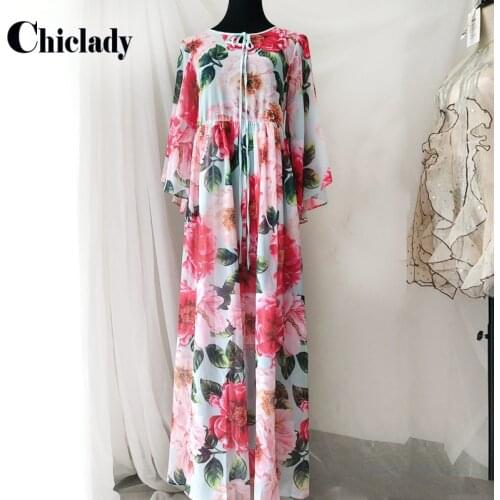 CHICLADY red flower printed loose boho maxi dress women summer fashion lace up butterfly sleeve chiffon plus size dresses female