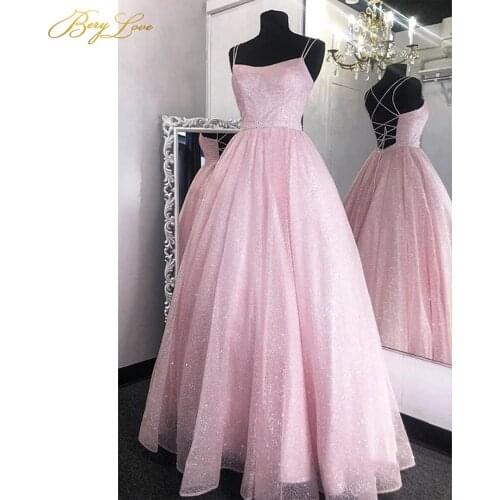 Light Pink Sequin Prom Dress Sexy Scoop neck Long Party Dress Glitter Tulle Spaghetti Strap Evening Dress Formal Gowns Vestido