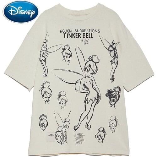 Disney Fairies Cute FAIRIES Cartoon Peter Pan Print Sweet Women T-Shirt O-Neck Pullover Short Sleeve Loose Tee Tops 2 Colors