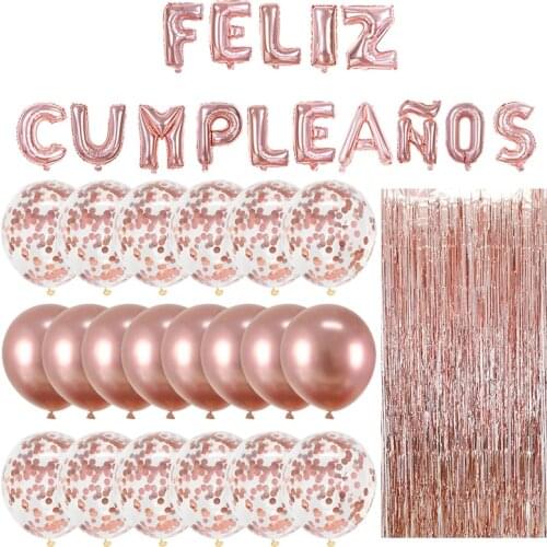 Spain Happy Birthday Sign Decorations Foil Rose Gold Spanish Birthday Balloons Banner Helium Globo Decor for Kids