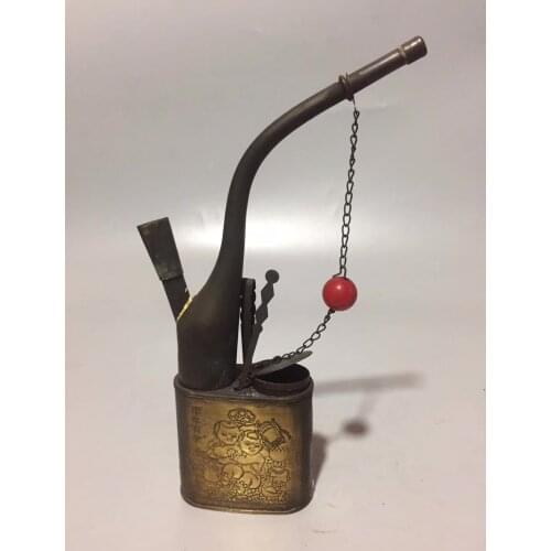 Chinese Pure Brass Carving Flower Smoking Pipe Cigarette Bag Success Wealth God Pipe Home Decoration