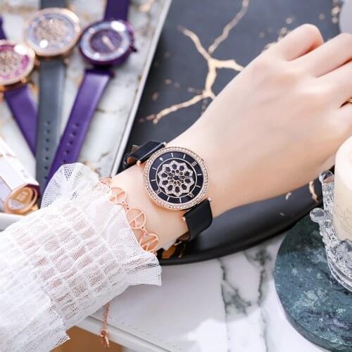 Cool Black Leather Belt Rotation Women Watches Women Luxury Brand Good Luck Quartz Watch Lady Casual WristWatch zegarki damskie
