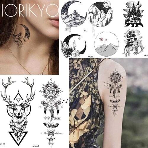 HOT Popular Temporary Tattoo Moon Women Stickers Body Neck Fake Black Tatoos Geometric Valley Elk Waterproof Tattoo Men Arm Sail