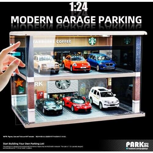 1/24 Car Model Wooden with Light Double-Layer Artificial Parking Scene Model Parking Garage Car Model Storage Dustproof Box Coll