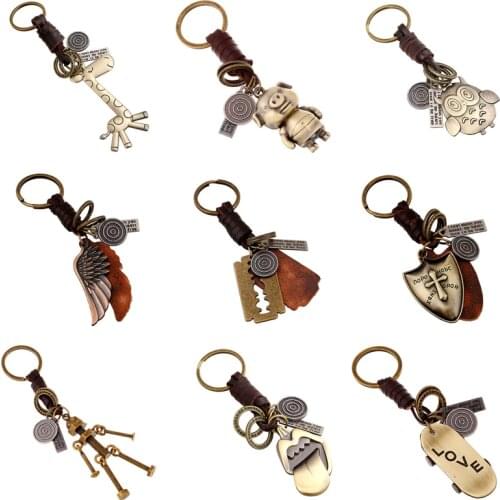 ZORCVENS 2020 New Genuine Leather KeyChain Punk Rock Vintage Animal Feather Robot Key Chains for Man Woman Jewelry Gifts