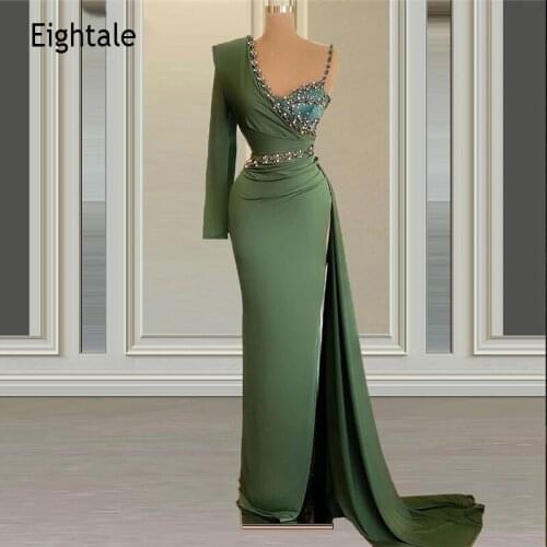 Eightale Arabic Evening Dresses 2021 One Long Sleeves Beaded with Crystals High Side Split Mermaid Prom Gown Sexy Party Dress