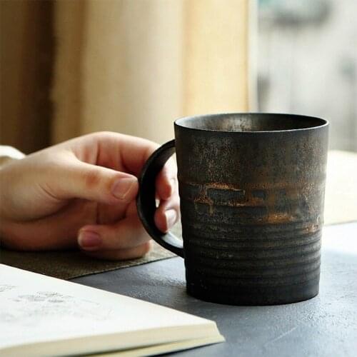 Gilt Cup Japanese Retro Charcoal Black Glazed Ceramic Mug with Handles Stoneware Tea Cup Water Cup Personalized Coffee Cup