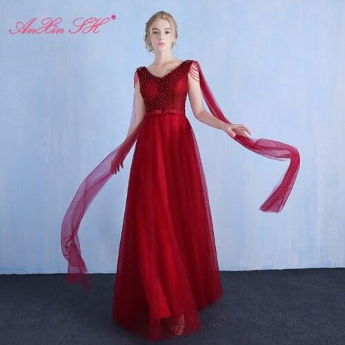 AXJFU Wine red Long Evening Dress Wine Red Lace v neck beading crystal evening dress princess red evening dress
