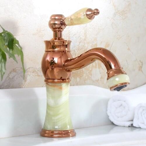 High quality Bathroom luxury Rose Gold Brass Jade Hot and cold Water tap European Basin Faucet Sink Mixer Tap Faucet-3287