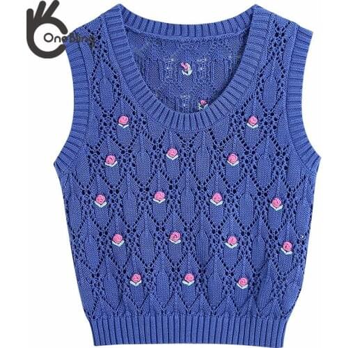 OneBling 2021 Za Woman Sweaters Traf Crop Tops Autumn Winter Sleeveless Pointelle Knitted Gilets Flowers Embroidery Slim Vest