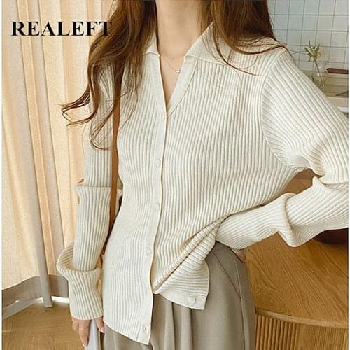 REALEFT Vintage Knitted Cardigan Women Elegant Korean Style Solid Color Long Sleeve Casual Loose Ladies Sweater Tops 2021 New