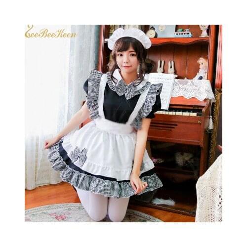 Girls Adult Japanese Black Lolita Maid Dress Lolita Check Pattern Bow Anime Game Halloween Cosplay Costume Lolita Maid Dress