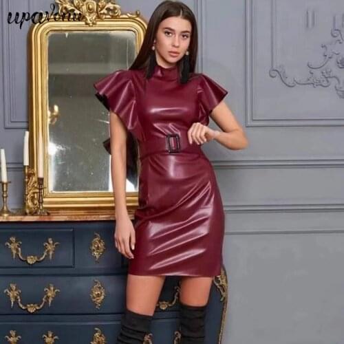 Free Shipping 2021 New Wine Red Faux Leather Dress Women Turtleneck Ruffle Sleeve Belt Bodycon Dress Celebrity Club Party Dress