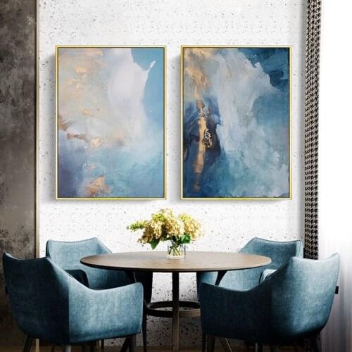 Abstract River Blue Gold Canvas Painting Nordic Marble Texture Wall Art Posters and Prints Modern Home Decoration Living Room