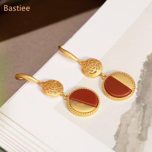 Bastiee 925 Sterling Silver Earrings Earings Fashion Jewelry Red Agate Golden Plated Korean Earrings Dangle Earrings