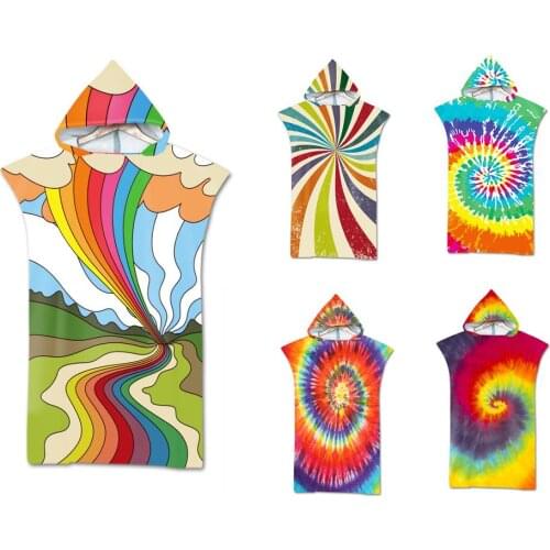 Free shipping Novelty Gift Rainbow Color Tie-Dye Geometric Spiral Pattern Large Hooded Towel Swim Surf Bath Beach Towel Poncho