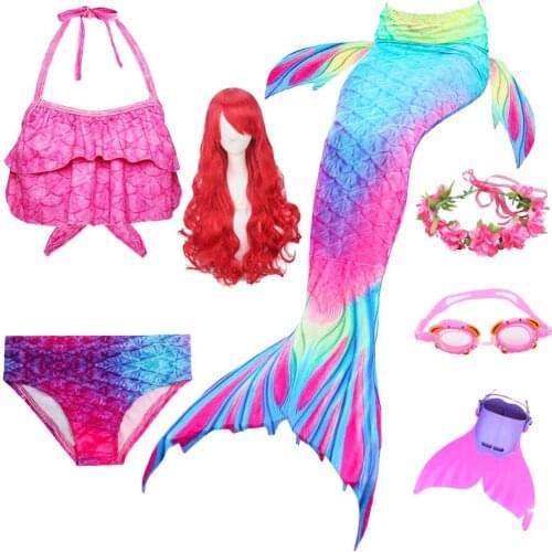 Kids Girls Mermaid Tails For Swimming Fin Swimsuit Bathing Suit Tail Mermaid Wig for Girls Mermaid Wigs Flipper Monofin Costume