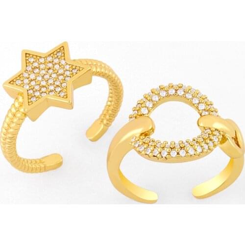FLOLA Gold Plated CZ Pave Star Open Rings For Women Round Stone Cuff Ring Adjustable Cubic Zirconia Wholesale Jewelry rigk15