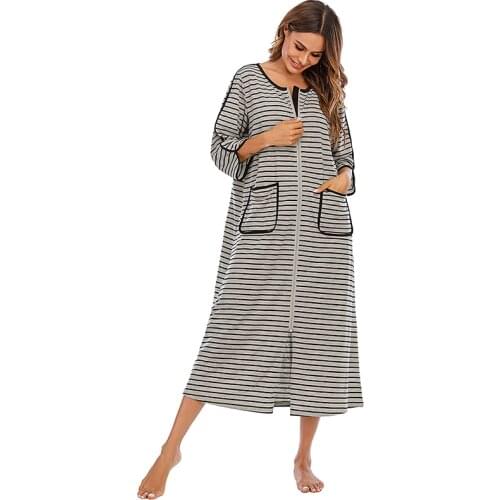 Aamikast Zipper Front Robes Women House Coat Half Sleeve Loungewear Long Nightgown with Pockets S-XXL