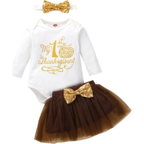 Citgeett Autumn Thanksgiving Day Infant Baby Girls Clothes Set Printed Pattern Long Sleeve Romper Brown Yarn Skirt Outfits