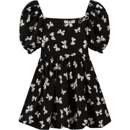 Zoki Fashion Bow Print Women Mini Dress High Waist Pullover Puff Sleeve Summer A Line Dress Sexy Off Shoulder Party Vestidos