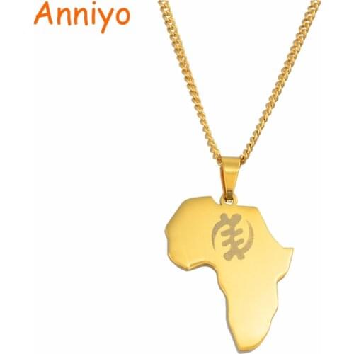 Anniyo Gold Color Africa Map With Ghanaian Symbol Pendant Necklaces for Women Girls Stainless Steel African Maps Jewelry #055021