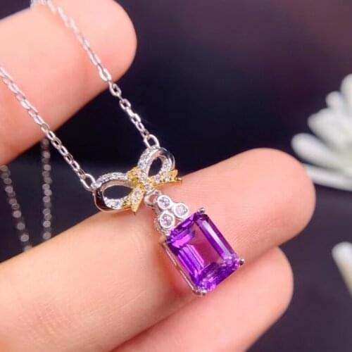 Natural amethyst Necklace natural purple citrine Pendant Necklace S925 silver trendy square bowknot woman wedding gift jewelry