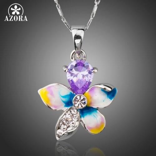 AZORA Oil Painting Purple Cubic Zirconia Rhinestones Bright Flower Drop Pendant Necklace TN0190