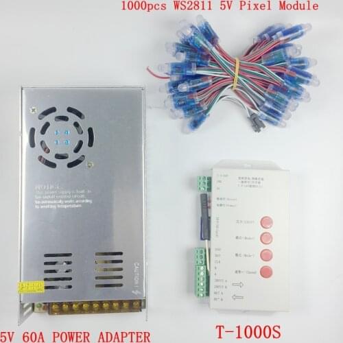 1000pcs DC 5V WS2811 led Pixel Modules 12mm IP68 RGB diffused addressable + T1000S Controller +5V 60A Power adapter