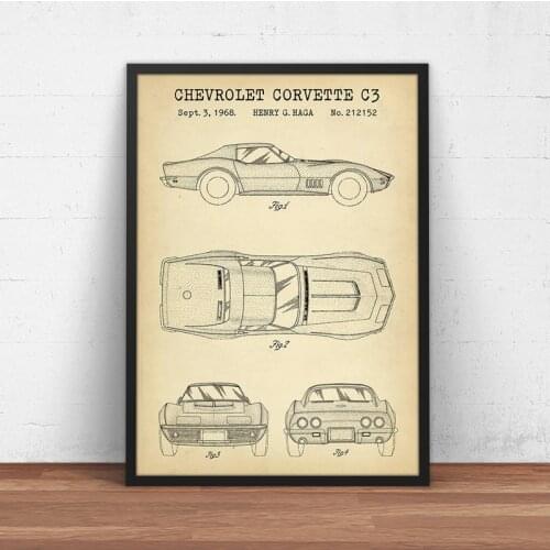 American Car Corvette C3 Blueprint Art Prints Gift for Chevy Lover Racing Car Patent Poster Canvas Painting Boy Room Wall Decor