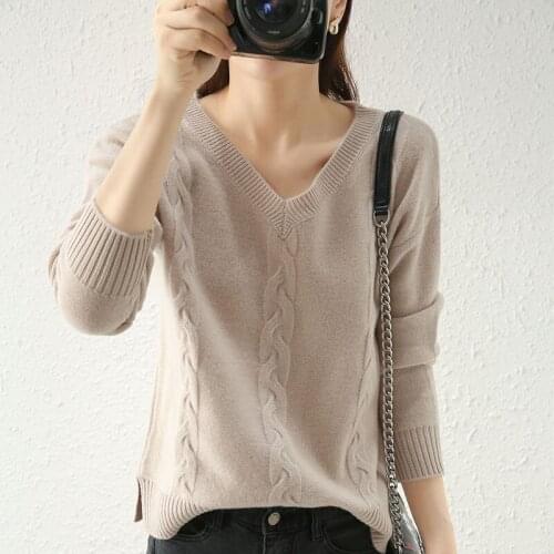 Autumn Winter Womans Sweaters Female Pullover Casual Thick V-Neck Long Sleeve 100% Wool Knitted Jumper Clothes Tops Pull Femme