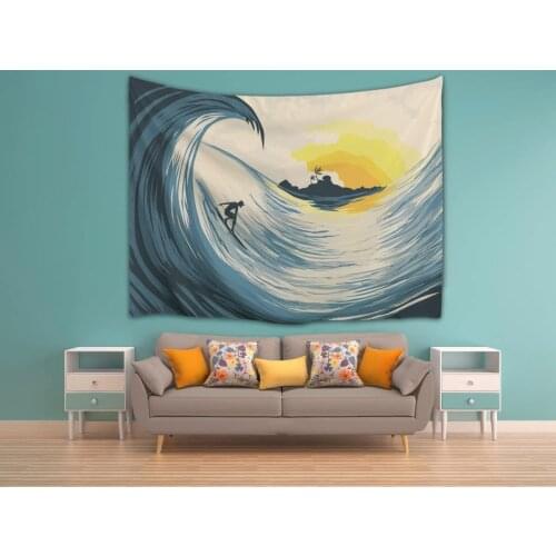 Tropical Island Sunset Big Ocean Waves Surfers on Surfboard Anime Tapestry Wall Hangings Art Decors for Bedroom Decoration Mural